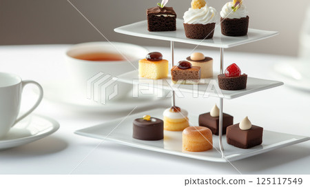 Elegant Afternoon Tea Desserts on Tiered Stand 125117549