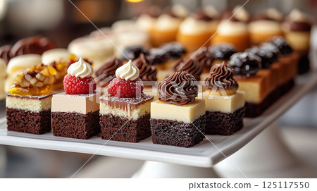 Elegant Afternoon Tea Desserts on Tiered Stand 125117550