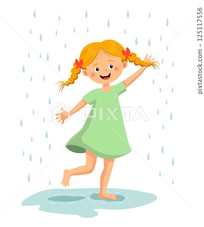 The girl enjoys the rain 125117556