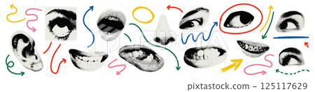 Trendy halftone collage face elements set. Grunge punk cut out mouths, eyes, pierced ear and nose with dotted texture. Torn paper clippings with doodle scribble arrows Modern retro vector illustration Trendy halftone collage face elements set. Grunge punk cut out mouths, eyes, pierced ear and nose with dotted texture. Torn paper clippings with doodle scribble arrows Modern retro vector illustration 125117629