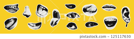 Trendy halftone collage face elements set isolated on bold background. Grunge punk cut out crazy mouths, eyes, pierced ear and nose. Torn paper stickers. Modern retro vector illustration Trendy halftone collage face elements set isolated on bold background. Grunge punk cut out crazy mouths, eyes, pierced ear and nose. Torn paper stickers. Modern retro vector illustration 125117630