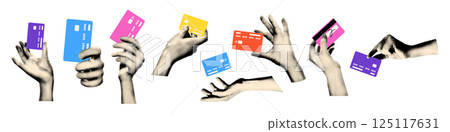 Trendy halftone collage elements set. Various hands holding plastic credit cards, cashless contactless payment concept. Paper clipping shapes, cut out modern retro vector illustration Trendy halftone collage elements set. Various hands holding plastic credit cards, cashless contactless payment concept. Paper clipping shapes, cut out modern retro vector illustration 125117631