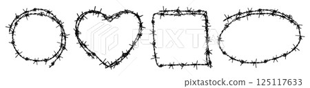 Trendy grunge elements set with retro photocopy stipple effect. Barbed wire frames, heart shaped, circle, square and oval. Goth core 2000s style. Modern illustration with vector dots texture 125117633