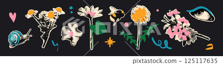Spring flowers halftone collage elements set. Paper clipping shapes, floral stickers with vintage dotted texture with doodles, cherry blossom, daisy. Modern retro mixed media vector illustration 125117635