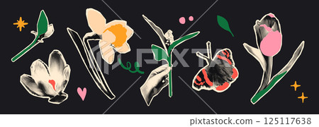 Spring flowers halftone collage elements set. Paper clipping shapes, floral stickers with vintage dotted texture and doodles. Modern retro mixed media vector illustration 125117638