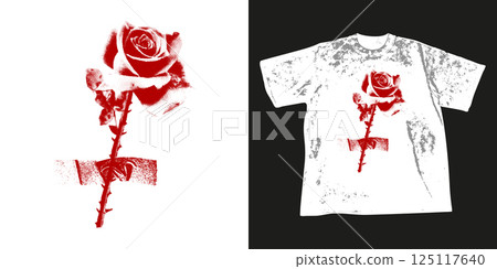 Trendy retro photocopy stipple t shirt print design. Red rose attached by duct with grunge punk distressed grain gritty texture. Halftone vector illustration for street wear clothes 125117640