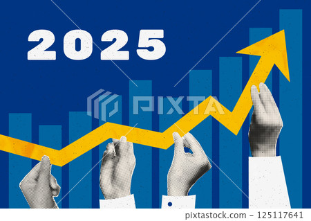 2025 business growth concept art collage. Halftone hands holding rising arrow chart. Teamwork, work efficiency, success, increase, partnership concept. Trendy modern retro vector illustration 125117641