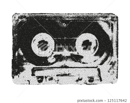 Trendy halftone stipple element with photocopy effect. Vintage transparent music cassette tape. Grunge punk dotted sticker for collage, modern retro vector illustration for poster, print, banner 125117642
