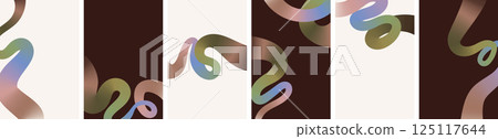 Trendy modern graphic vertical banner, cover templates set vector illustration. Wavy doodle scribble geometric shapes, ribbons with earthy gradient. Mocha mousse color of the year 2025 palette 125117644