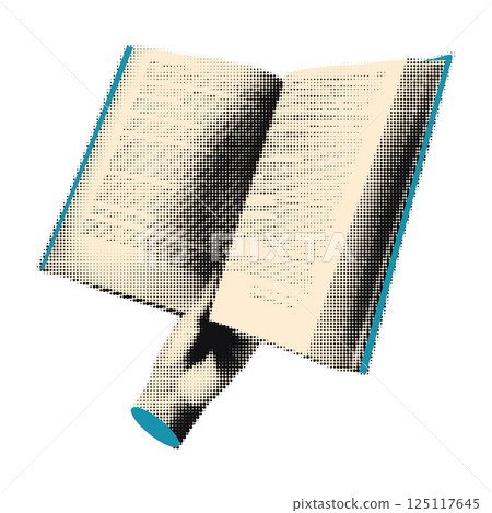 Hand holding open book halftone art collage cut out element. Paper clipping shape with vintage dotted texture. Modern retro vector illustration, sticker for mixed media design 125117645