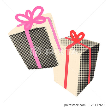 Gift boxes halftone collage cut out. Two wrapped presents with doodle pink and red ribbons. Vintage dotted texture, modern retro grunge style sticker. Mixed media vector illustration on transparent  125117646