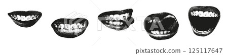 Trendy halftone photocopy stipple effect elements. Grunge punk collage art of female mouths with a grainy dotted texture. Smiles, lips, teeth with braces. Modern retro vector illustration. 125117647