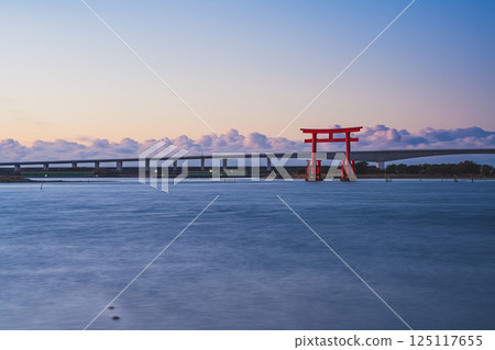 View of the red torii gates of Benten Island before sunrise in Hamamatsu city (Shizuoka prefecture) 125117655