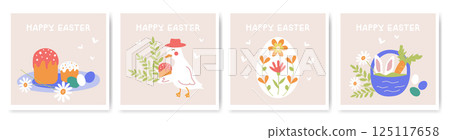 Easter square greeting cards, a festive set with a cake, basket, rabbit, goose, eggs and flowers. Holiday sale cards, cute children postcards. Vector flat color illustration. 125117658