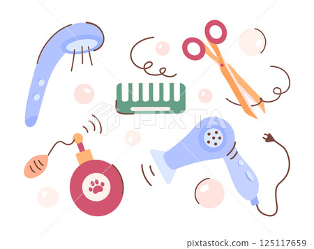 A set of cosmetic accessories for pet care. Hair dryer, scissors, comb, perfume, shower. Tools and cosmetics for the animal beauty salon, haircuts, washing, grooming. Vector illustrations A set of cosmetic accessories for pet care. Hair dryer, scissors, comb, perfume, shower. Tools and cosmetics for the animal beauty salon, haircuts, washing, grooming. Vector illustrations 125117659