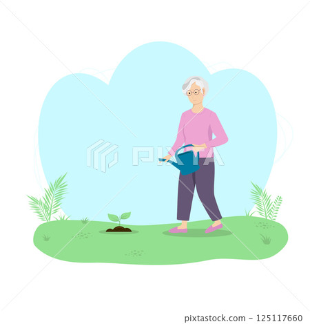 Senior woman watering plant. Work in garden. Flat vector illustration. Senior woman watering plant. Work in garden. Flat vector illustration. 125117660