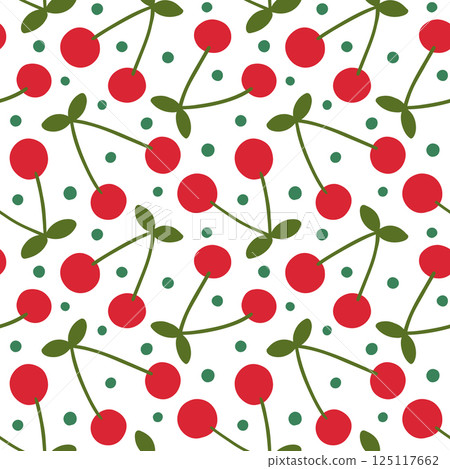 Cute cherry simple vector seamless pattern, Simple summer fruit and dots cartoon illustration background for kids and baby designs 125117662