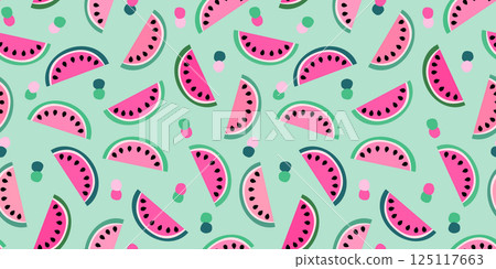 Cute Vector Seamless Pattern with Watermelon Summer Fruit in Pink, Green, on Mint Background, Tropical Design 125117663
