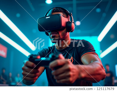 Man with VR Headset and Gaming Controller in Futuristic Room 125117679