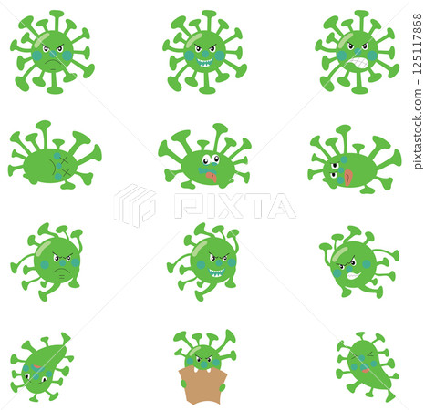 Set of aggressive microargonizv. Evil characters of viruses and bacteria in flat style. Vector illustration isolated on white background. 125117868