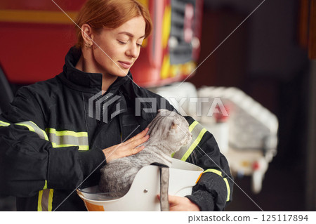 Cat is sitting in the protective helmet. Woman firefighter in uniform is at work in department 125117894