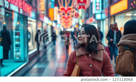 People and a woman walking through a brightly lit night city 125118068