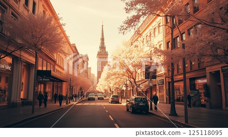 A fashionable streetscape with people coming and going 125118095