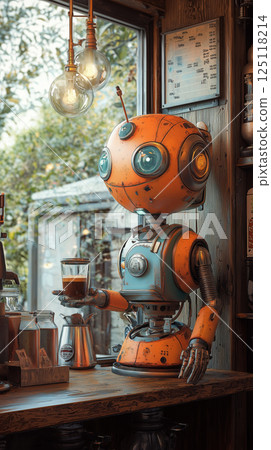 Futuristic coffee shop robot serving artisanal brews in a cozy setting 125118214