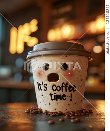 Charming coffee cup character excited for its moment of joy and fun Charming coffee cup character excited for its moment of joy and fun 125118231