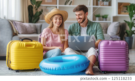 Cheerful young couple planning their vacation with excitement and joy Cheerful young couple planning their vacation with excitement and joy 125118233