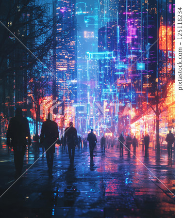 Hologram guided pedestrians stroll on vibrant city street at night Hologram guided pedestrians stroll on vibrant city street at night 125118234