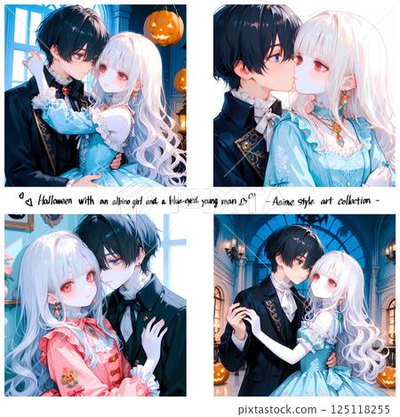 一對夫婦正在享受萬聖節。這是一位白化病女孩和一位藍眼睛年輕男子的假期。 4 幅少女漫畫風格的 AI 插圖 125118255