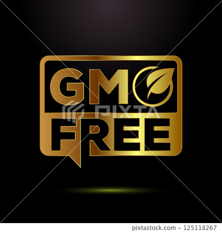 GMO free icon design illustration, Non gmo food label,  Organic healthy food sign symbol in gold color style 125118267