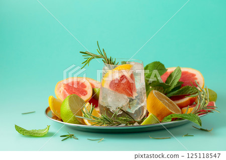 Refreshing summer drink with ice, citrus, rosemary and mint. 125118547