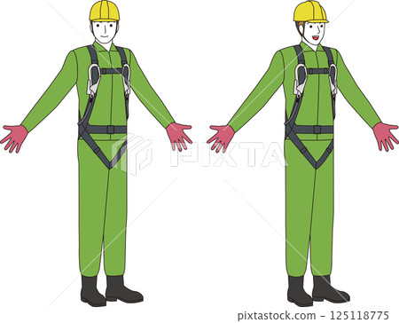 A construction worker wearing a full harness and lanyard. A smiling man 125118775