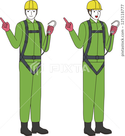 A construction worker wearing a full harness and lanyard. A smiling man A construction worker wearing a full harness and lanyard. A smiling man 125118777