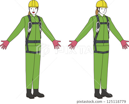 身著全套安全帶和掛繩的建築工人。微笑的女人 125118779