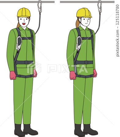 身著全套安全帶和掛繩的建築工人。微笑的女人 身著全套安全帶和掛繩的建築工人。微笑的女人 125118780