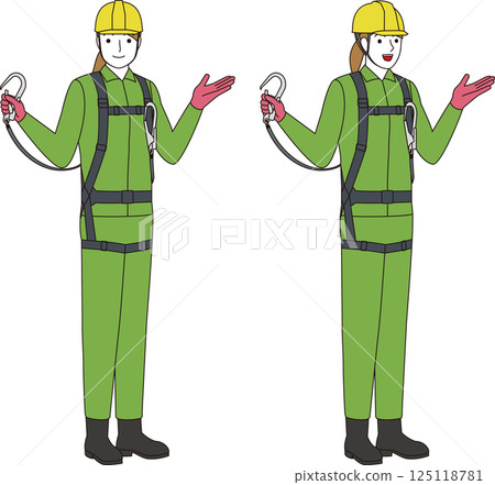 A construction worker wearing a full harness and lanyard. A smiling woman 125118781