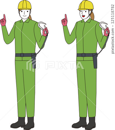 A construction worker wearing a waist belt and lanyard. A smiling woman 125118782
