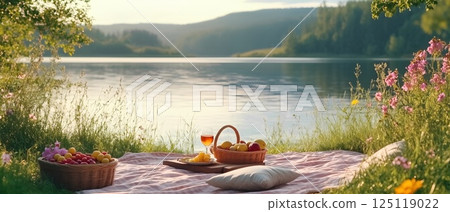 Scenic lakeside picnic with food and drink on a sunny day 125119022