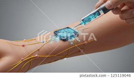 Bio-Integration: Conceptual image showcasing an arm receiving an injection with a futuristic microchip embedded, signifying advanced technology and medical innovation. Bio-Integration: Conceptual image showcasing an arm receiving an injection with a futuristic microchip embedded, signifying advanced technology and medical innovation. 125119046