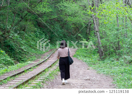 Woman Walking Railroad Tracks Forest Summer Woman Walking Railroad Tracks Forest Summer 125119138