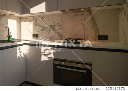 Kitchen Design Modern Marble Backsplash Interior Sunlight 125119173