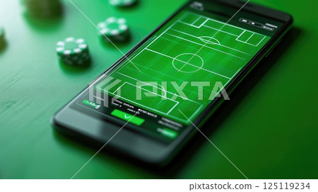 Modern Betting App Interface with Soccer Field Graphic and Responsible Gaming Features 125119234
