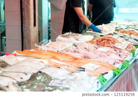 Fresh seafood display at a fish market. 125119256
