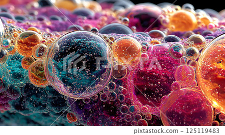 Close-up of vibrant oil bubbles on multicolored textured surface with a surreal effect 125119483