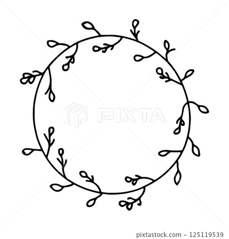 A delicate romantic floral wreath with tiny buds and flowers carefully arranged in a circle shape. 125119539