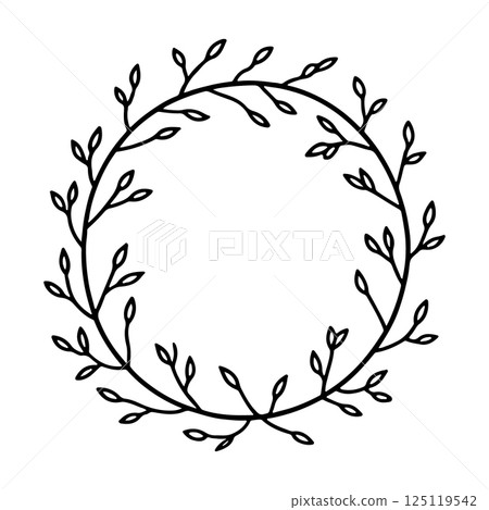 An elegant symmetrical wreath with consistent shapes and carefully balanced leafy branches. 125119542