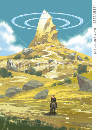Lone Rider Approaches Isolated Mountain Peak Lone Rider Approaches Isolated Mountain Peak 125119554